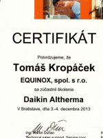 EQUINOX, s.r.o. - certifikát Daikin Altherma 2013