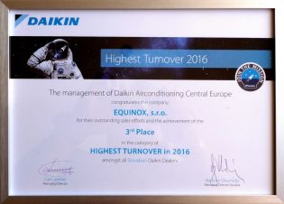 EQUINOX, s.r.o. - ocenenie Daikin 3. miesto za obrat v roku 2016