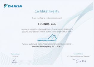 Certifikát Daikin HCE EQUINOX, s.r.o.